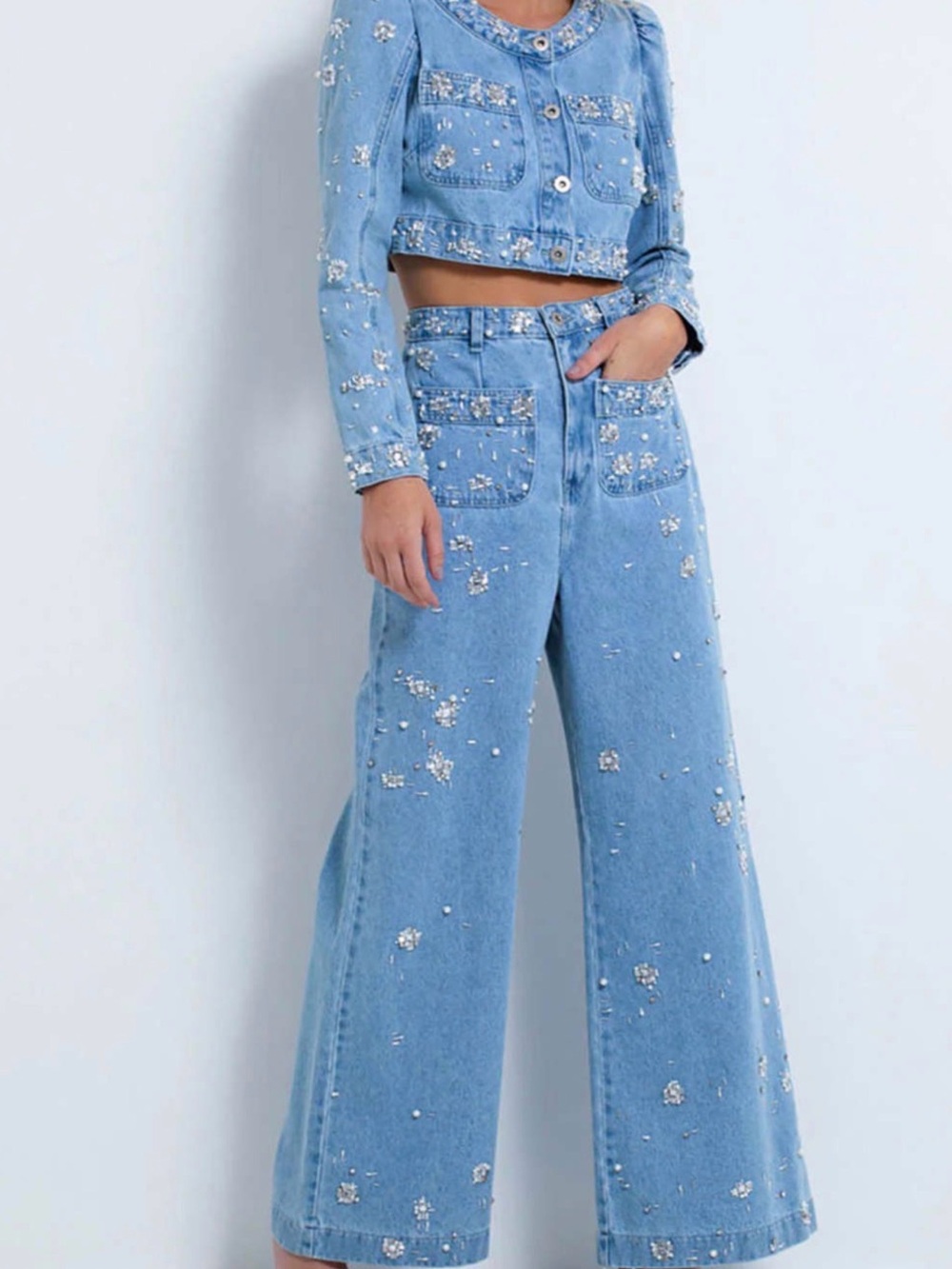 PatBO Light Blue Embellished Wide-Leg Jeans